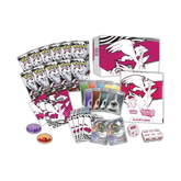 trading card game set with cards, guidebook, and dice on a white background